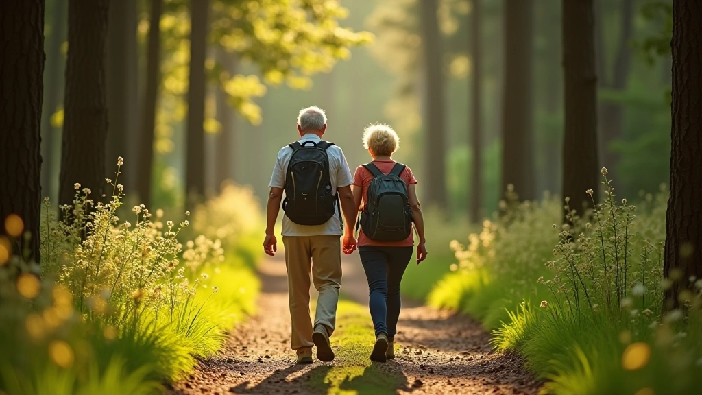 Seniori pastaigā pa meža kalna takelī ar ceļazīmēm un atpūtas vietām