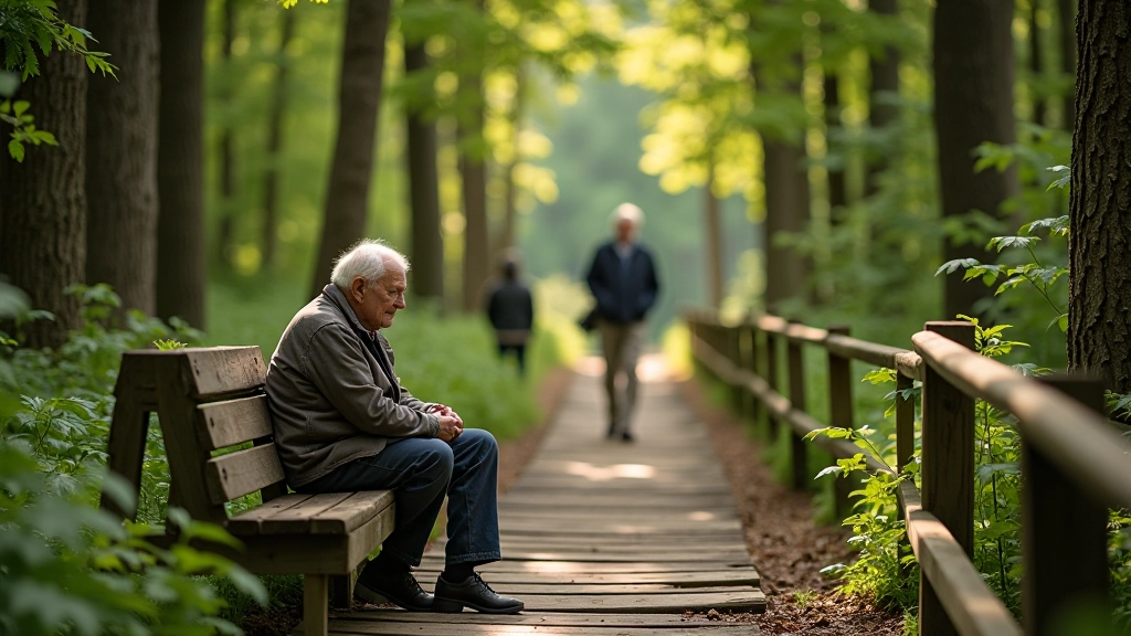 Seniori staigā pa drupām ar atpūtas laiku un spirālveida ceļu
